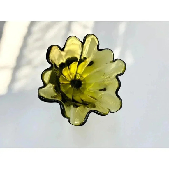 MCM Avocado Green Ruffled Blown Glass Pedestal Compote Candy Dish | Bowl - Picture 10 of 10